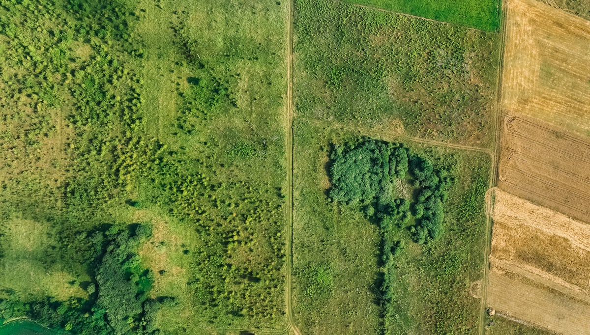 Aerial view of a Texas field being worked by a tractor